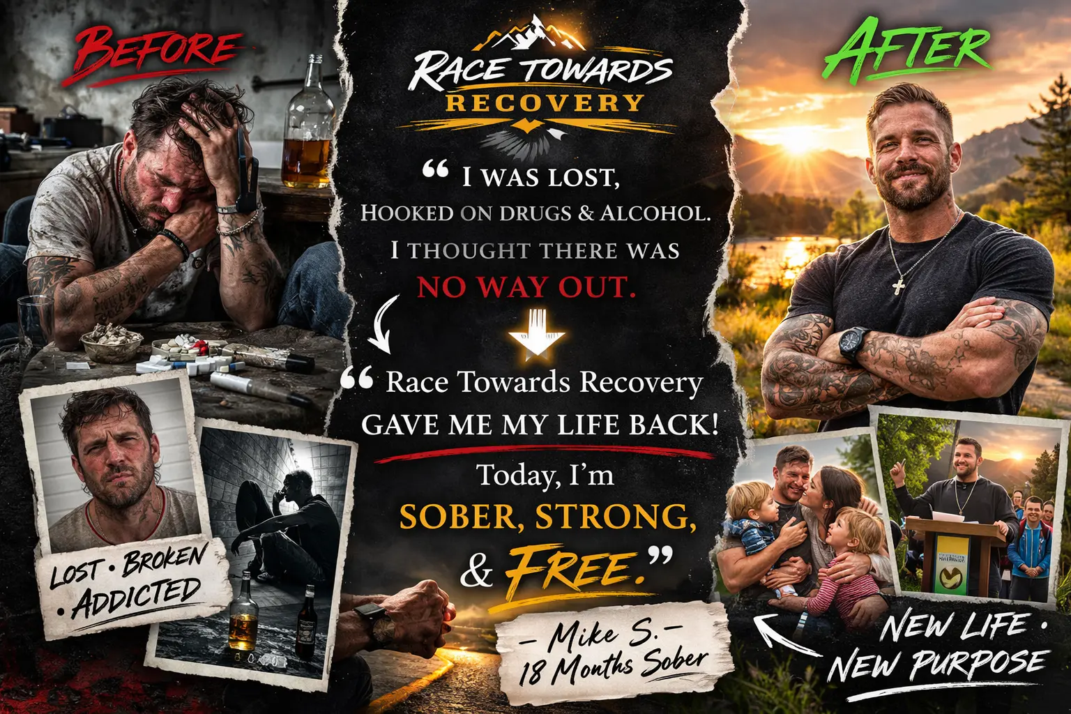 Mike S. before and after recovery — from active addiction to sober and reunited with his family