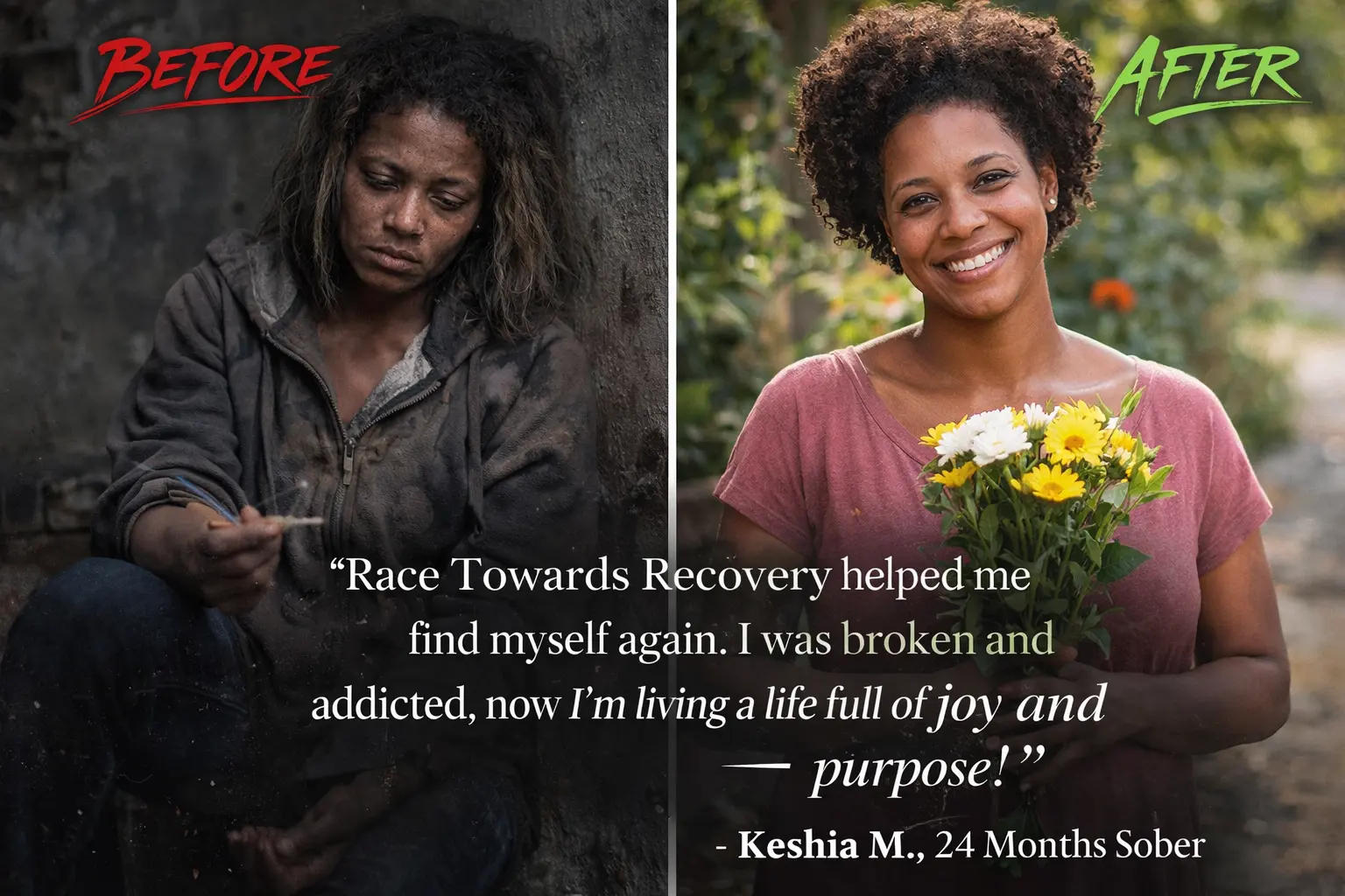 Keshia M. before and after recovery — 24 months sober and smiling