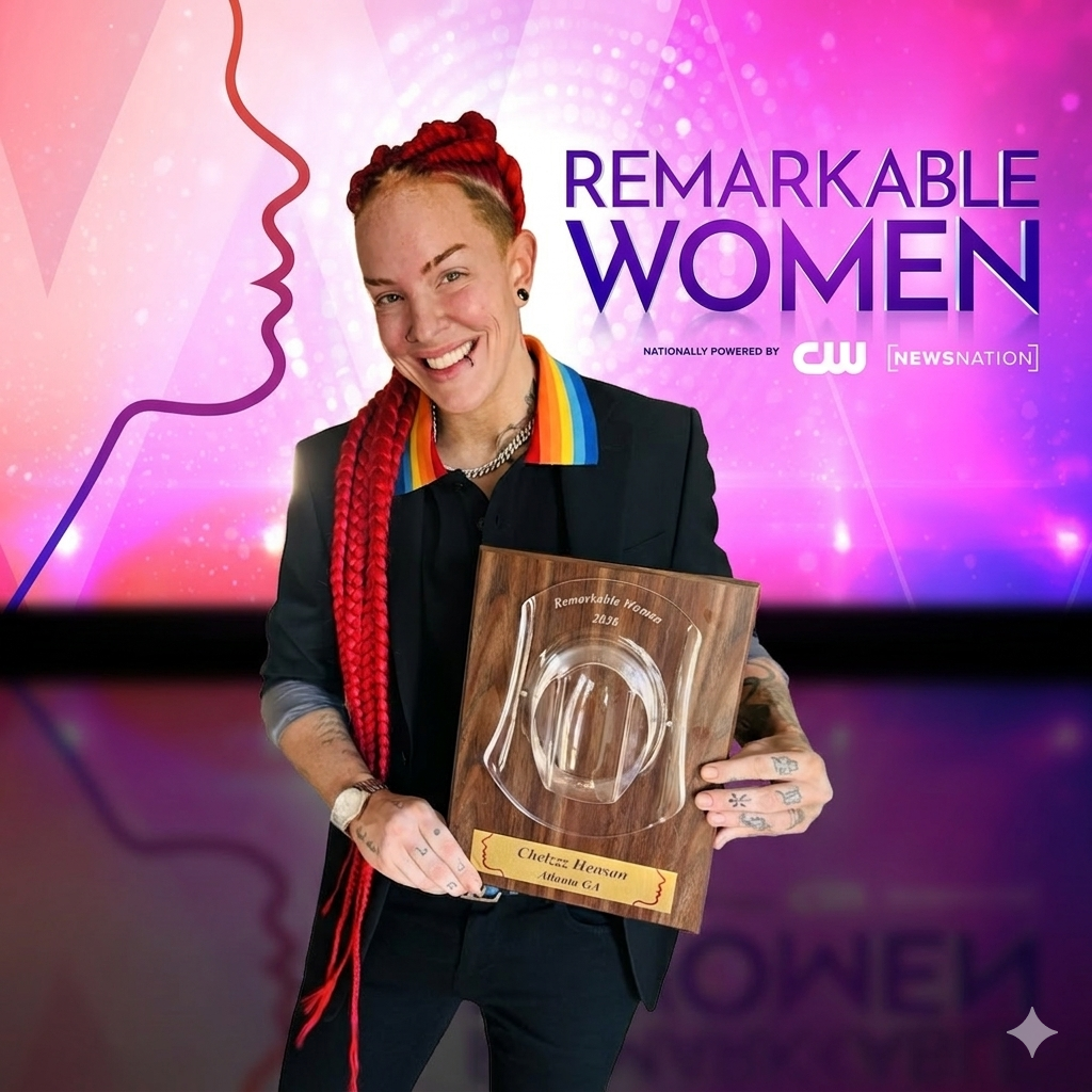 Founder Chelzzz holding her Remarkable Women award, presented by The CW and NewsNation
