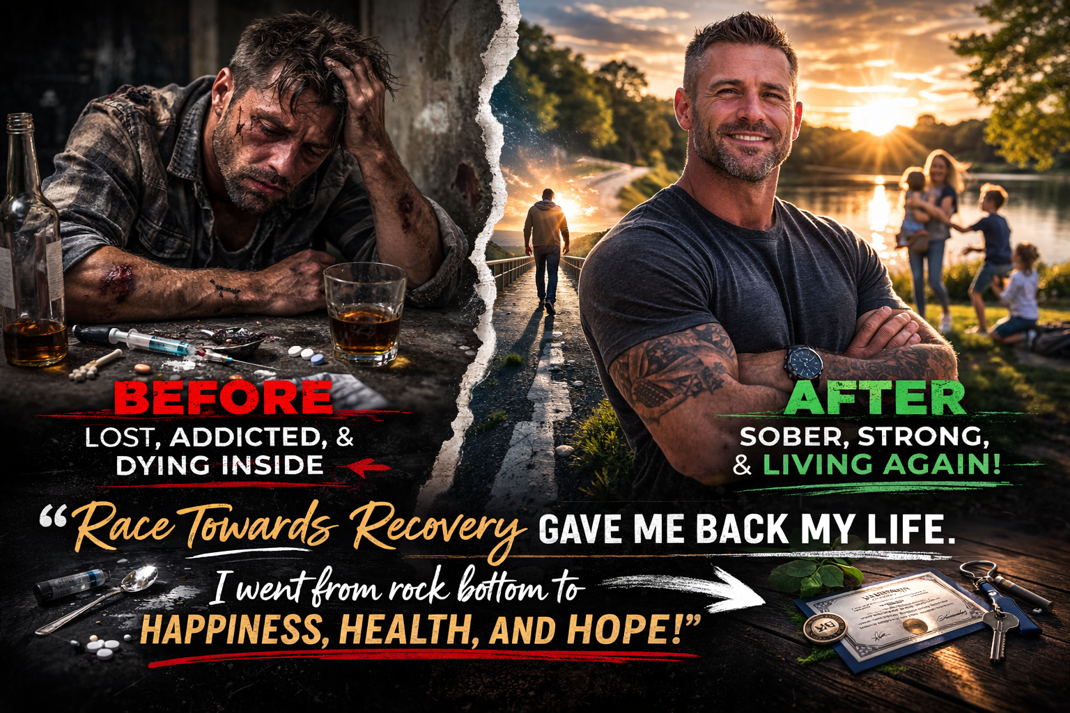 A man's journey from addiction to sobriety illustrated along a winding road