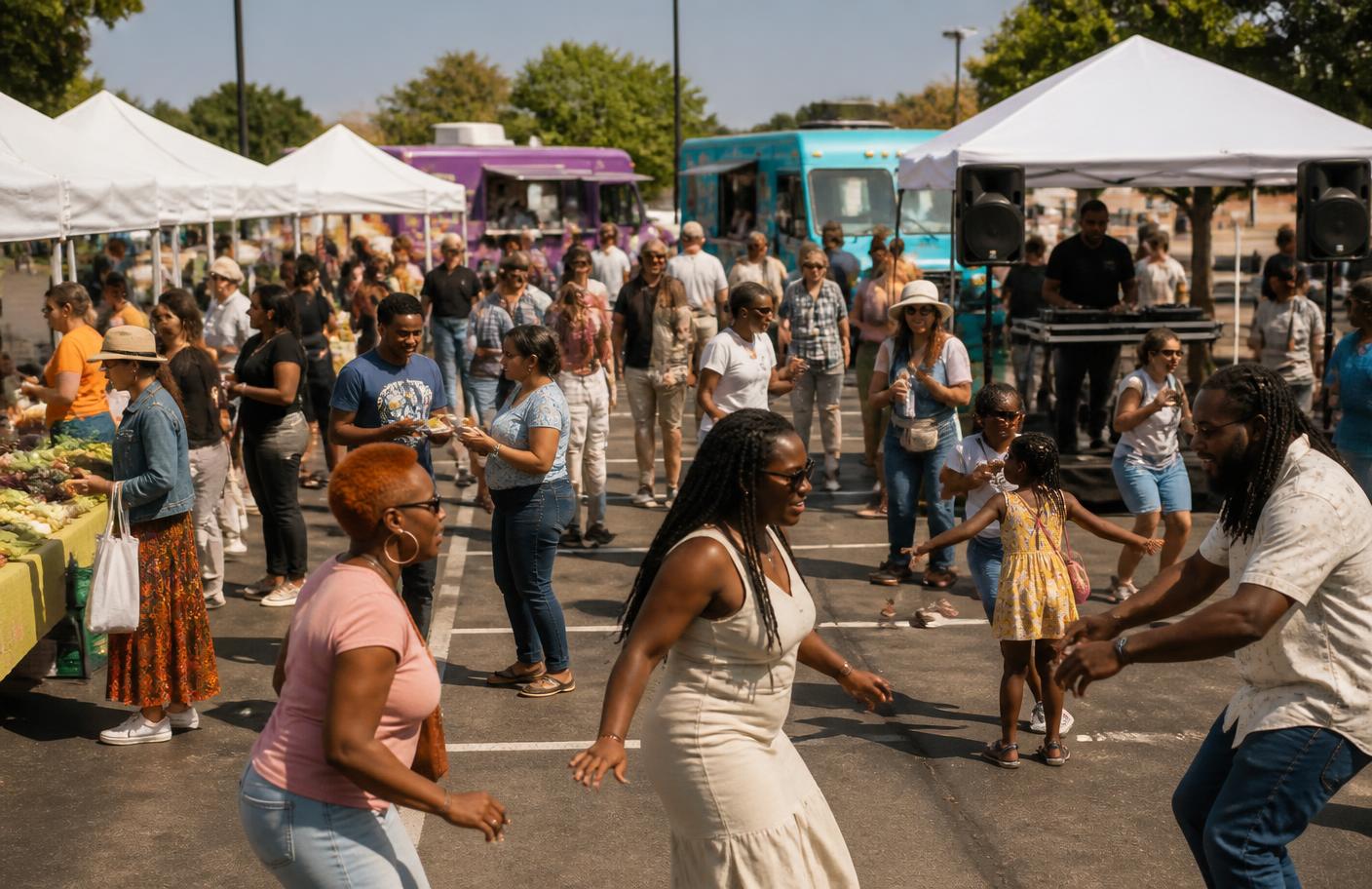 Community block party with vendor tents, food trucks, a DJ, and a diverse crowd of neighbors of all ages