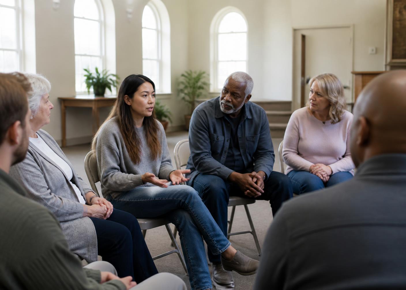 A community support circle meeting in a bright hall